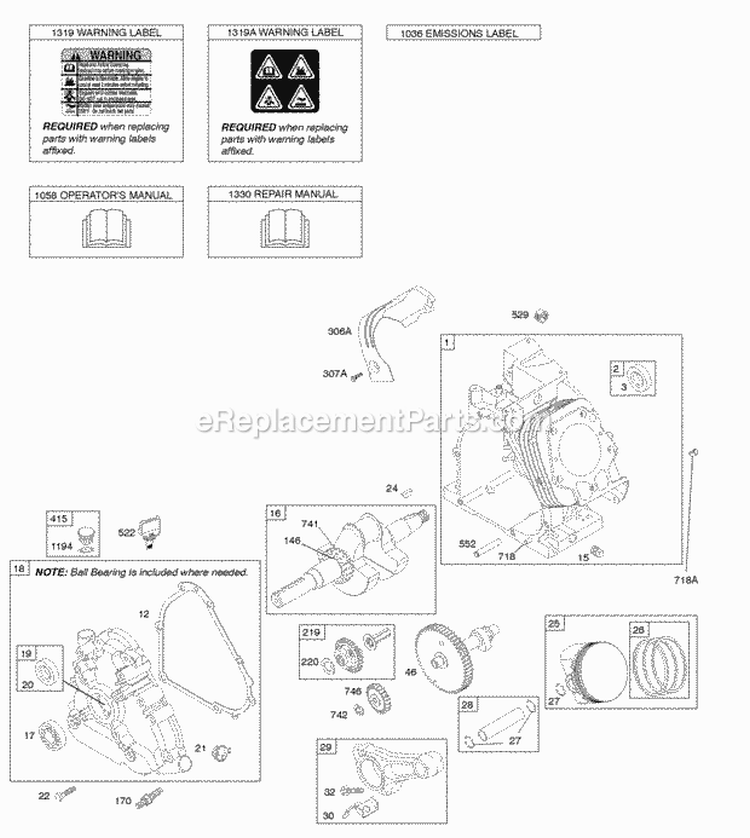 Camshaft Crankcase Cover Crankshaft Cylinder Lubrication OperatorS Manual PistonRingsConnecting Rod Warning Label Diagram and Parts List for 21T112-0114-F1  Briggs and Stratton Engine